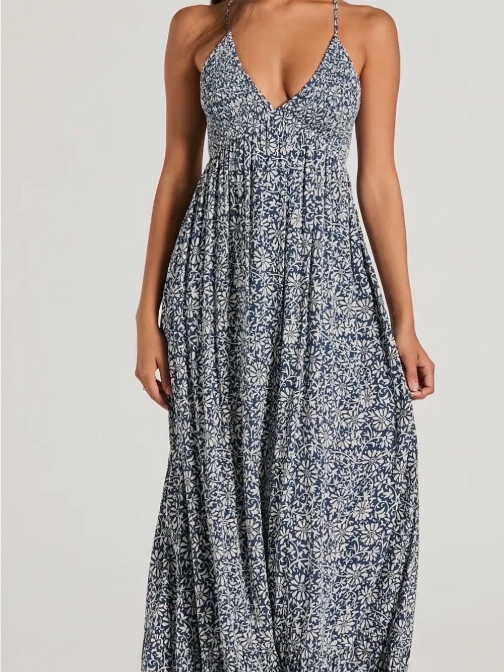 Navy & White Floral Maxi Dress with V-Neck